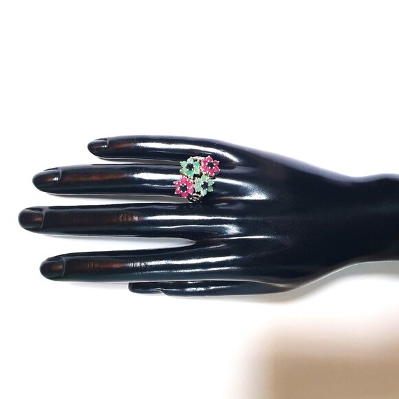 One-of-a-Kind Vintage Natural Emerald, Ruby & Sapphire 925 Silver Statement Ring - Picture 8 of 14